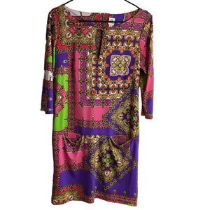 Sangria Colorful All Over Graphic Keyhole‎ Dress Women's 6 Front Pockets